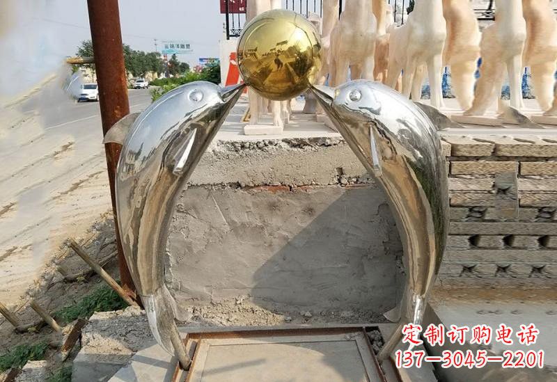 泰州不锈钢海豚顶球雕塑