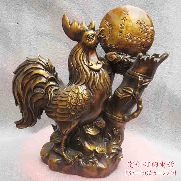 泰州纯铜公鸡雕塑-花开富贵生肖动物摆件