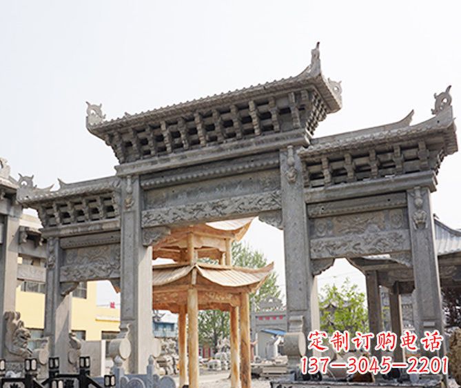 泰州村庄大理石三门牌坊石雕