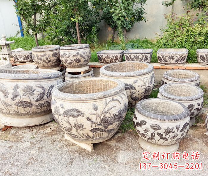 泰州仿古石雕鲤鱼浮雕水缸