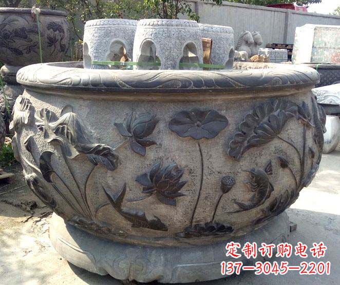 泰州精美仿古荷花鲤鱼浮雕石水缸