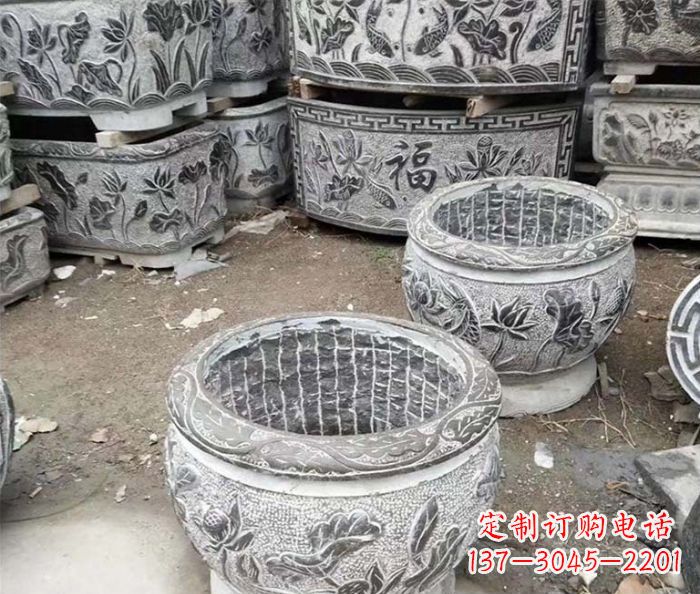 泰州仿古荷花石浮雕水缸塑像