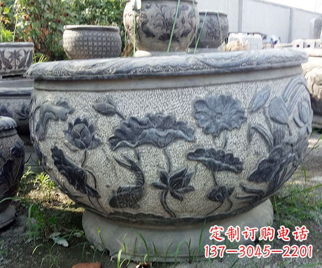 泰州中领雕塑仿古荷花石浮雕水缸