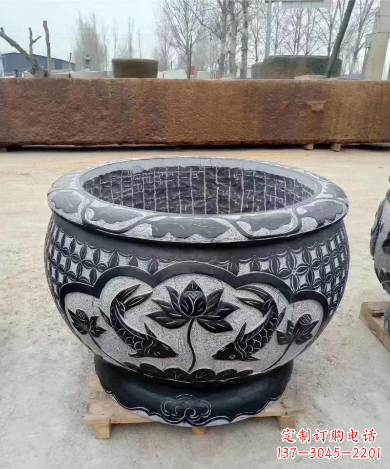 泰州仿古石雕荷花鲤鱼水缸