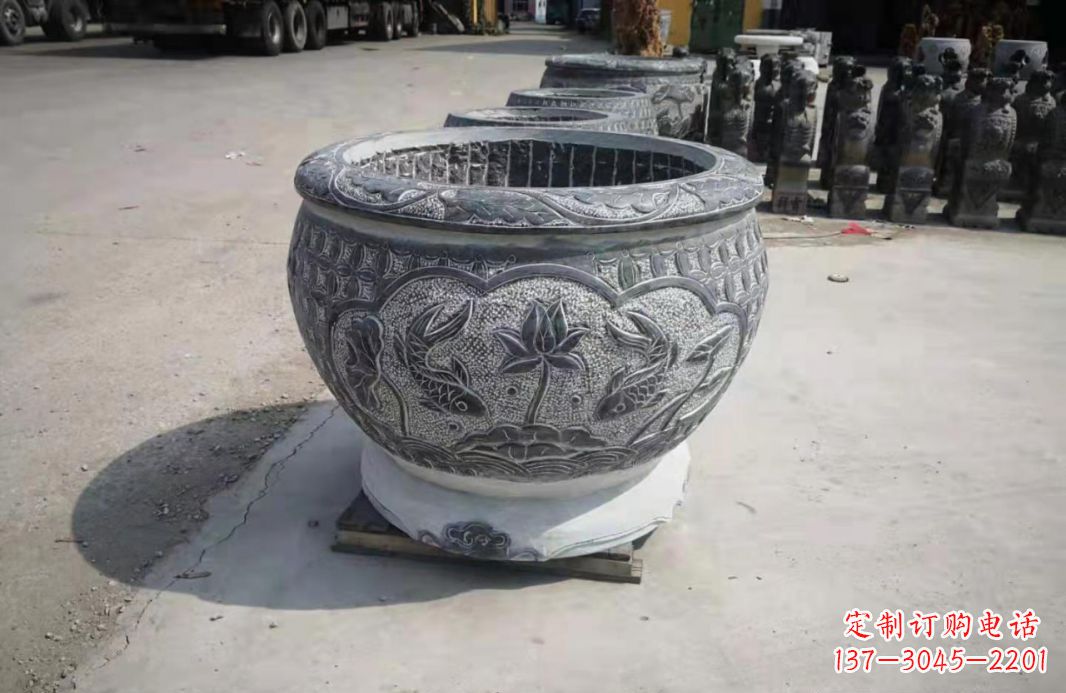 泰州仿古石水缸荷花鲤鱼石雕