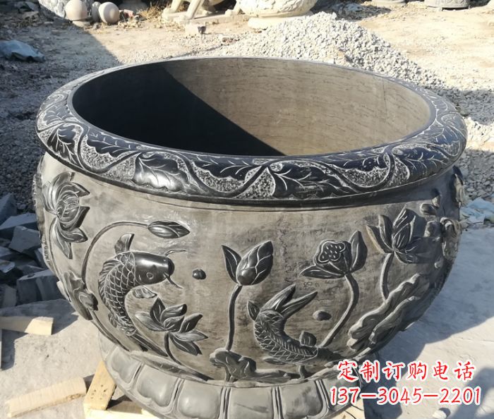 泰州青石仿古雕塑荷花水缸