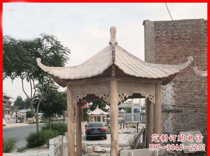 泰州公园晚霞红六角石凉亭雕塑