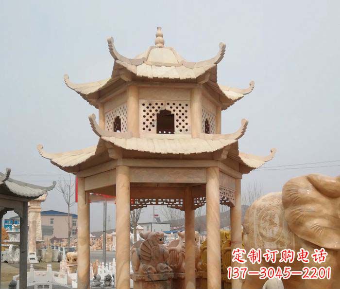 泰州红双层六角石凉亭雕塑