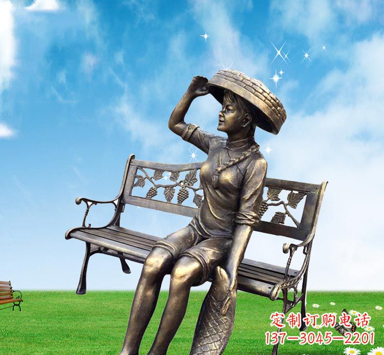 泰州公园座椅拿鲤鱼的女孩铜雕