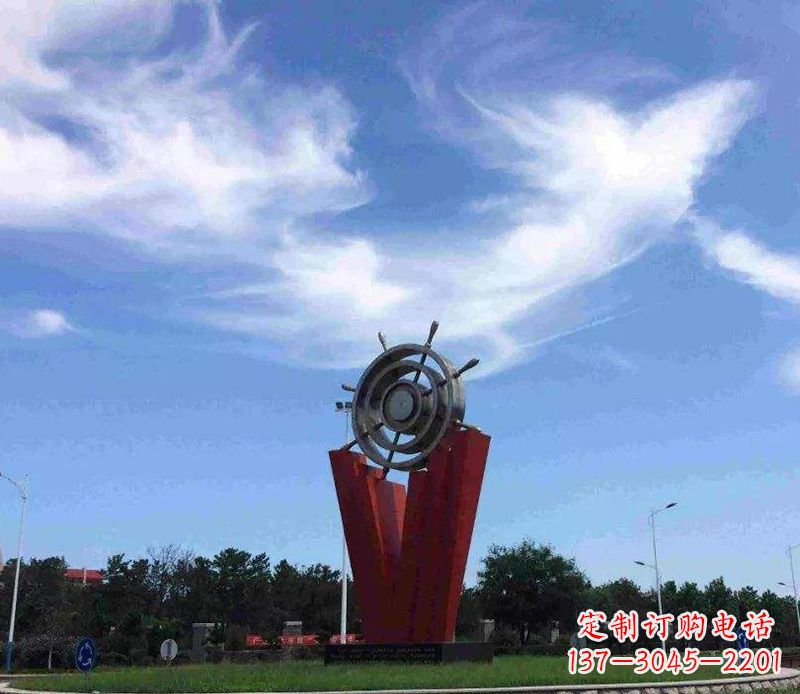 泰州海上风情,精致大气的不锈钢船舵雕塑