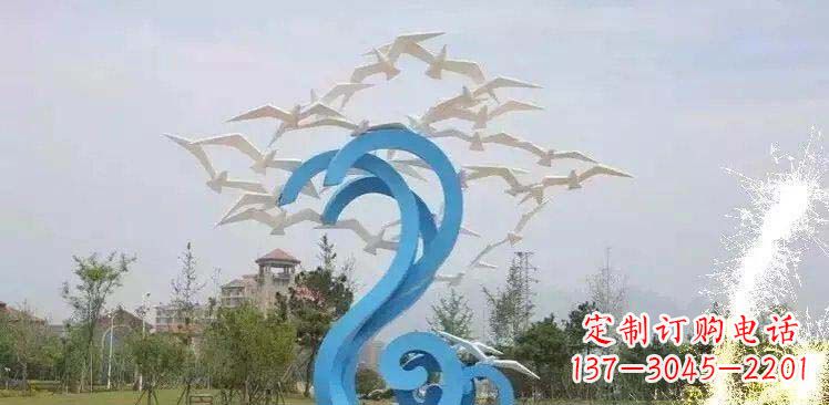 泰州海边不锈钢海浪和海鸥雕塑