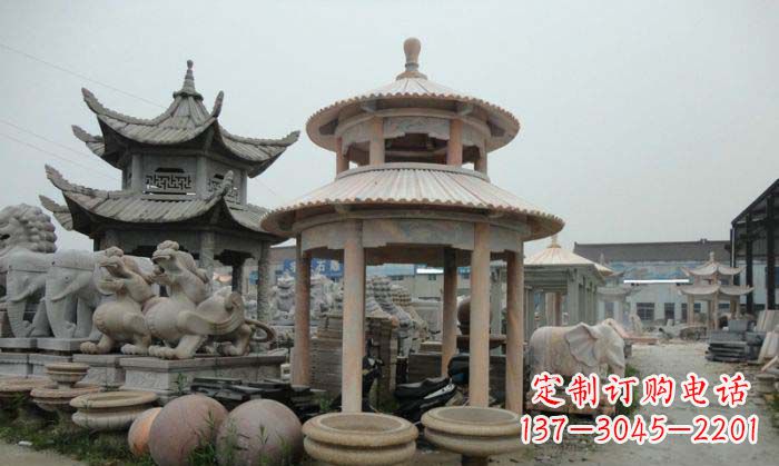 泰州海边景观晚霞红圆顶石雕凉亭