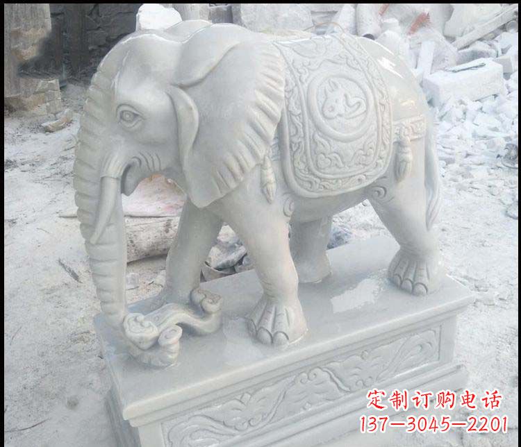 泰州精美汉白玉吉祥鼻卷如意大象雕塑