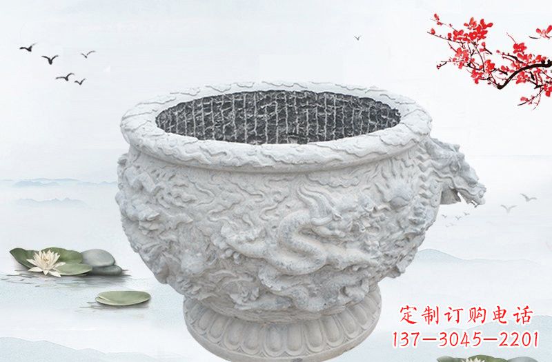 泰州汉白玉龙浮雕水缸,传承传统经典