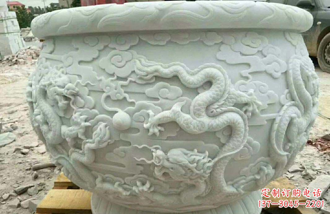 泰州汉白玉龙浮雕水缸雕塑