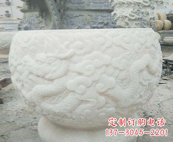 泰州汉白玉龙浮雕招财水缸,让你家居多一份福气