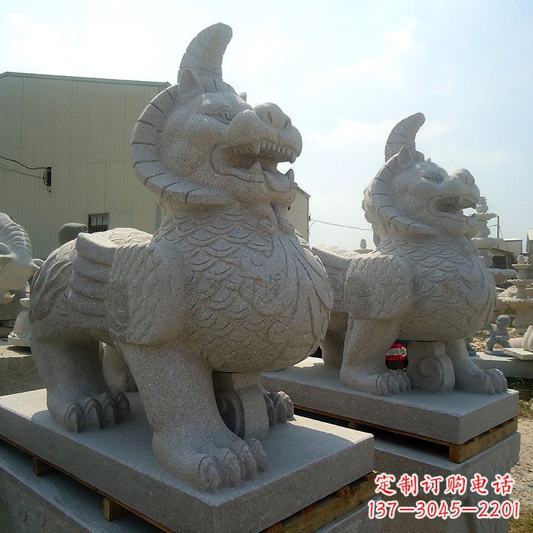 泰州汉白玉獬廌解豸石雕-上古神兽动物雕塑摆件