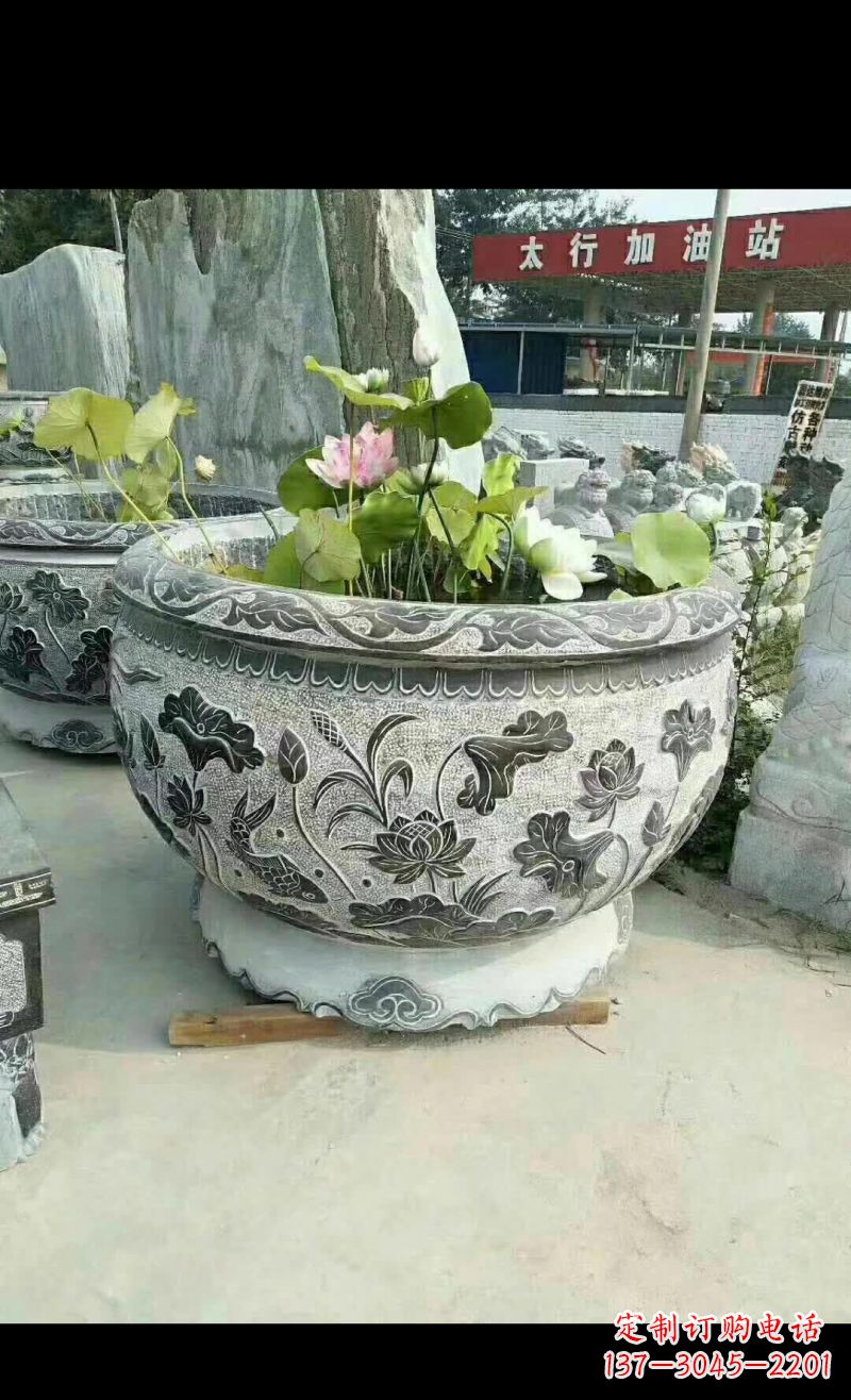 泰州精美荷花鲤鱼石浮雕水缸