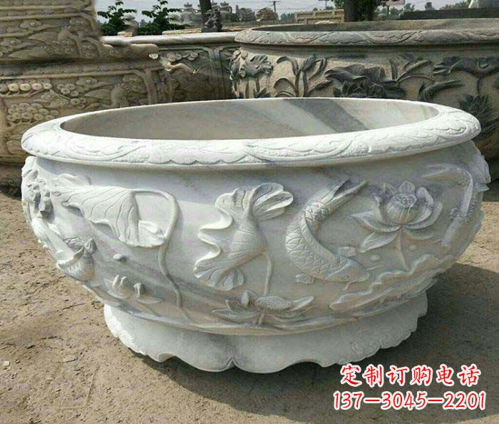 泰州荷花鲤鱼石雕招财水缸