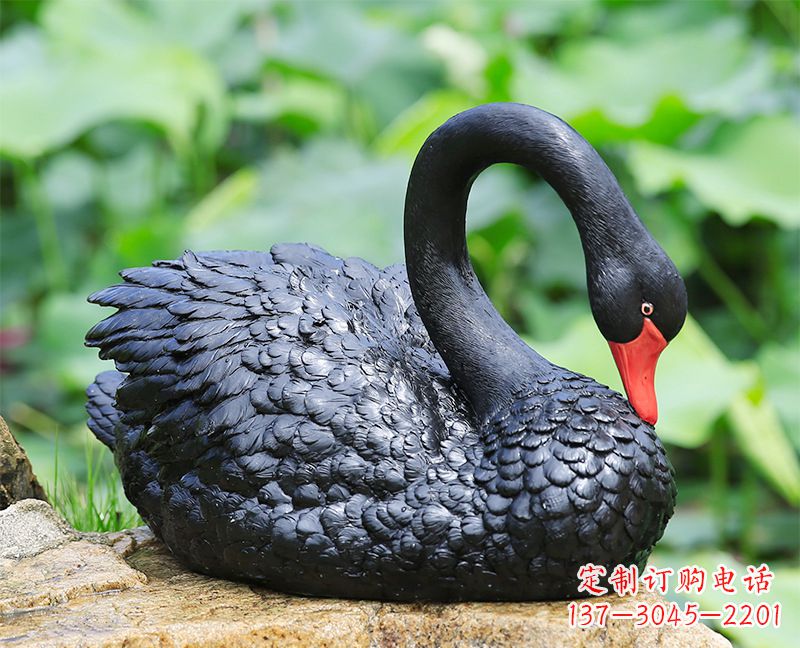 泰州黑色曲颈天鹅雕塑-玻璃钢公园水景动物摆件
