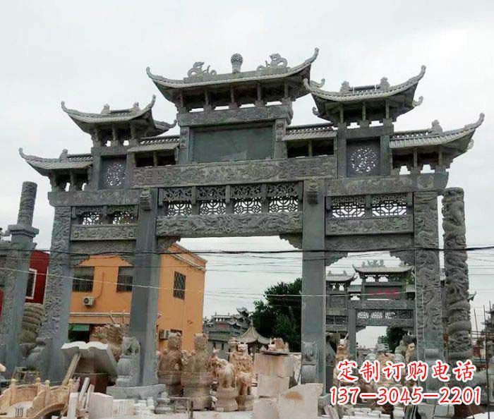泰州景区三门牌坊石雕 (3)