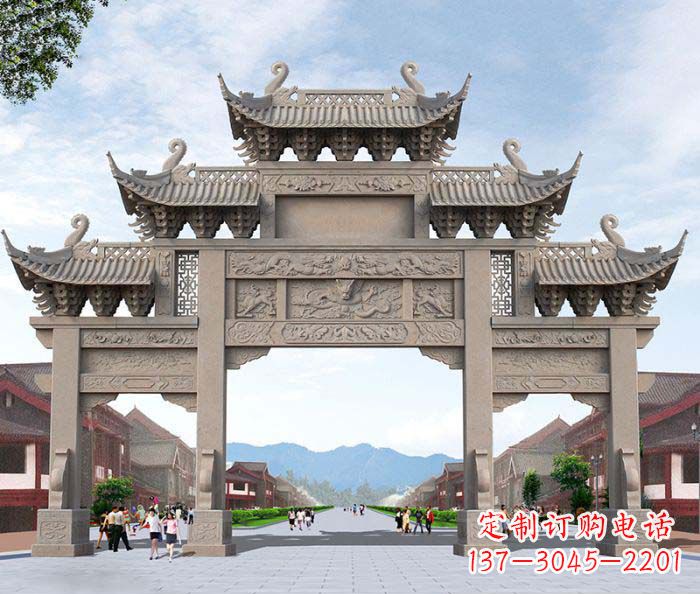 泰州景区三门石雕牌楼——精美雕塑定制