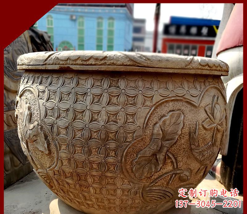 泰州鲤鱼荷花浮雕仿古石水缸