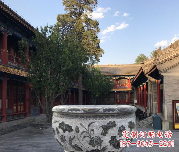 泰州连年有鱼石浮雕圆形荷花水缸