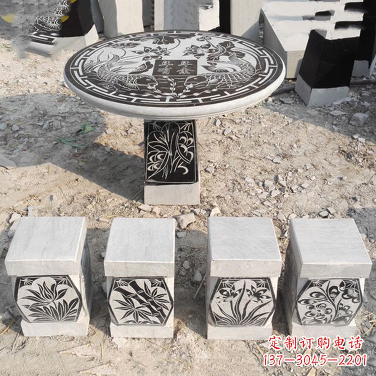 泰州梅兰竹菊仿古方石桌凳雕塑,古朴典雅