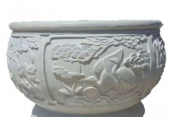 泰州汉白玉松鹤延年浮雕水缸，带给您无尽的岁月美景