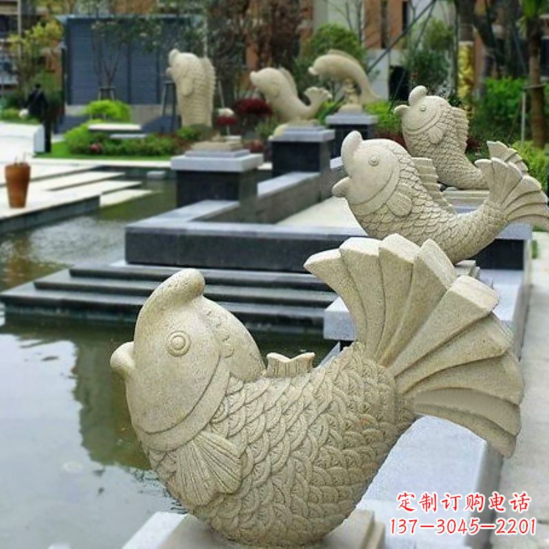 泰州喷水鱼砂岩石雕-园林水池雕塑