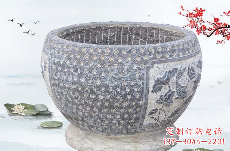泰州青石仿古鲤鱼浮雕水缸,精致雕塑设计