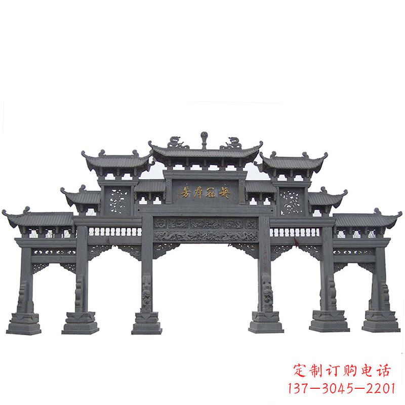 泰州青石仿古五门石雕牌楼
