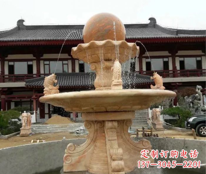 泰州双层风水球喷泉晚霞红石雕