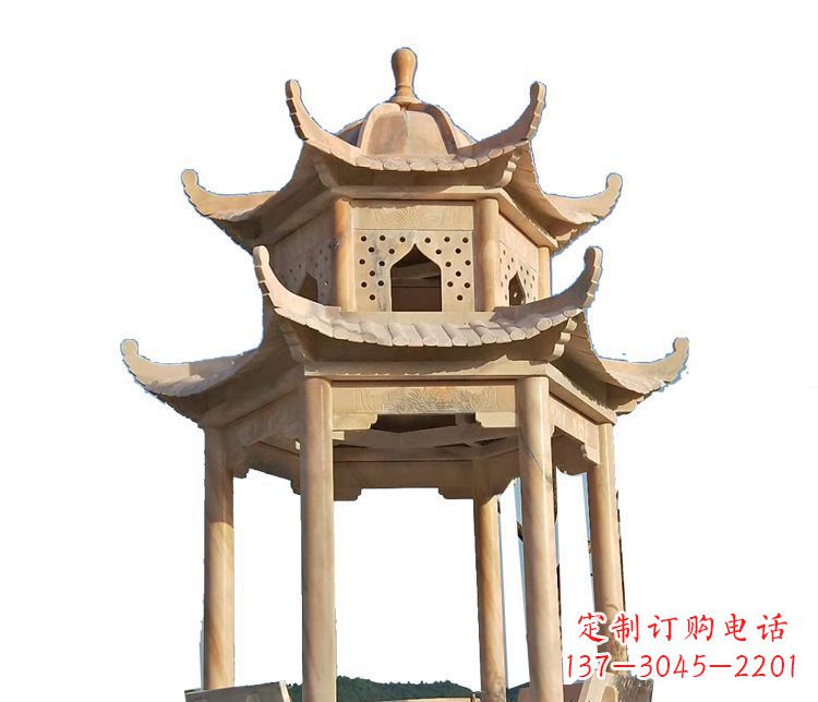 泰州双层晚霞红凉亭石雕 (2)