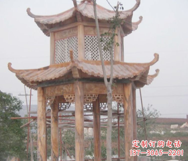 泰州双层晚霞红石凉亭石雕 (2)