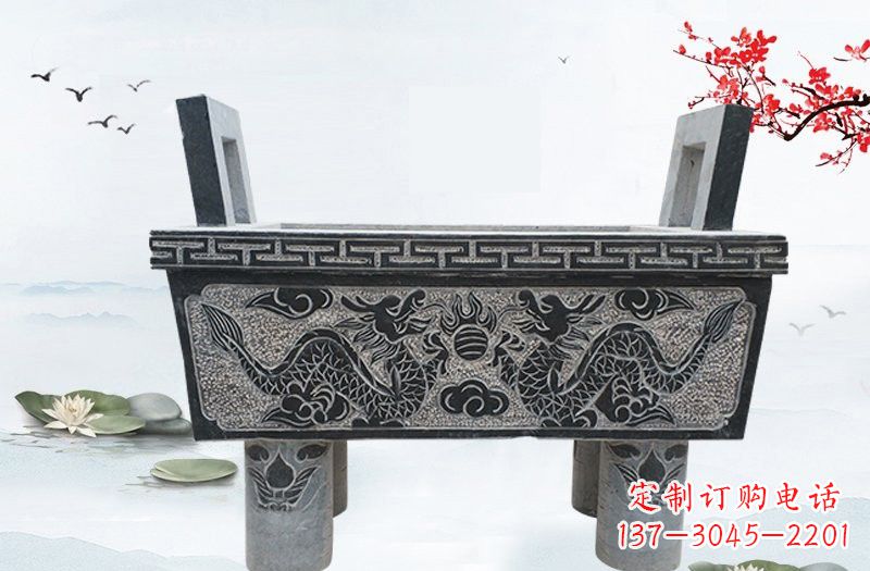 泰州双龙戏珠浮雕石香炉