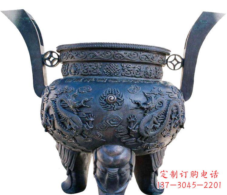 泰州寺庙圆形三足鼎铜雕香炉