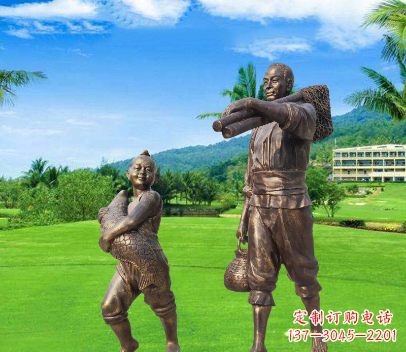 泰州铜雕渔民父子人物雕塑