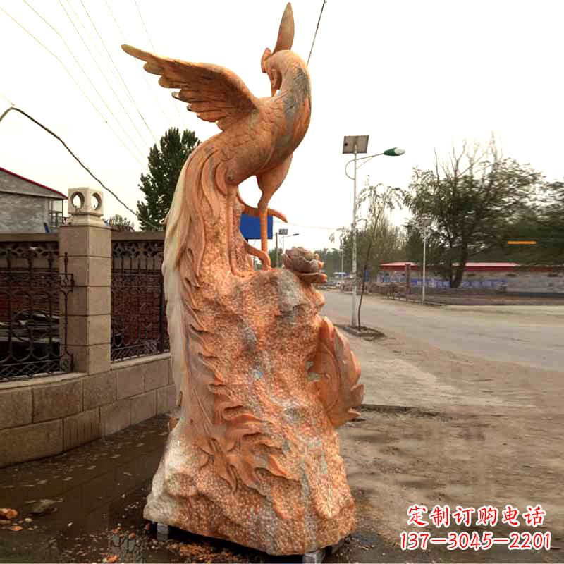 泰州晚霞红大理石瑞鸟凤凰雕塑