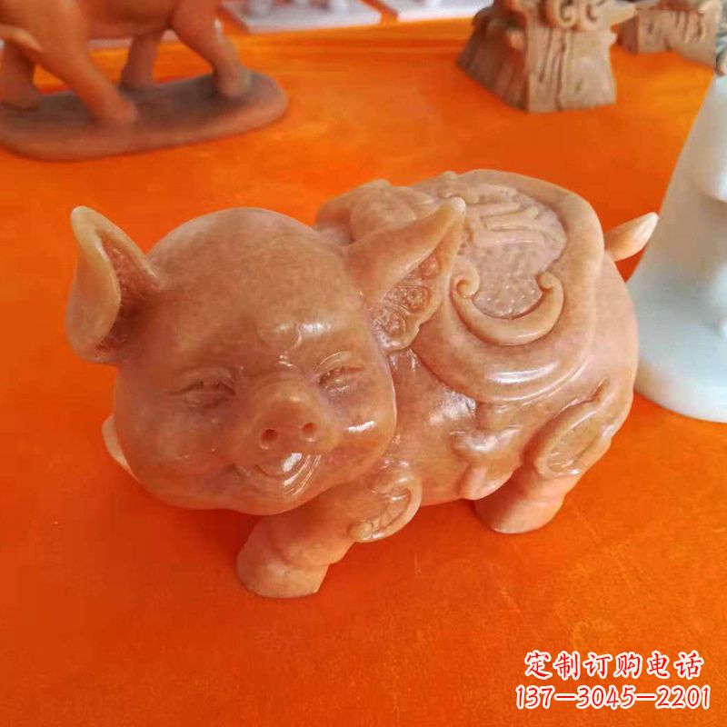 泰州晚霞红大理石招财猪雕塑-企业商场创意生肖动物风水摆件
