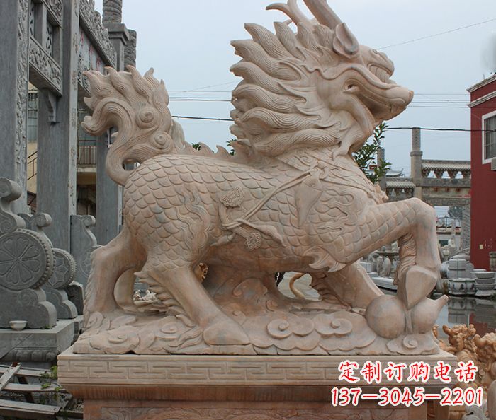 泰州晚霞红古代神兽麒麟石雕