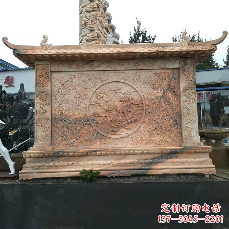 泰州晚霞红麒麟影壁墙石雕