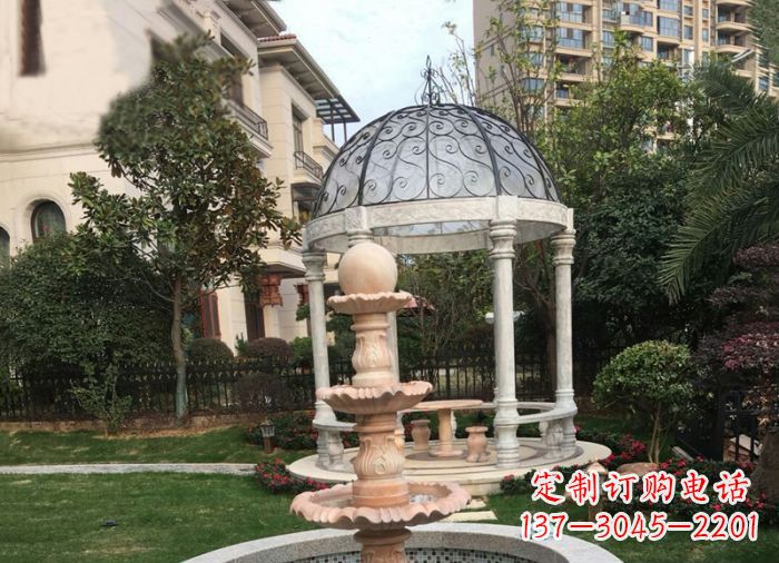 泰州晚霞红三层风水球喷泉小区石雕