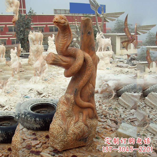 泰州晚霞红蛇石雕-12生肖动物雕塑