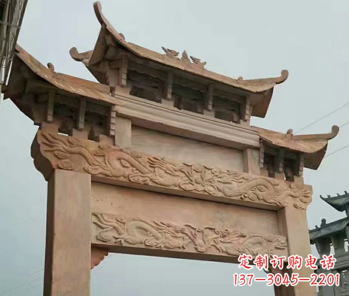 泰州晚霞红石雕单门牌坊