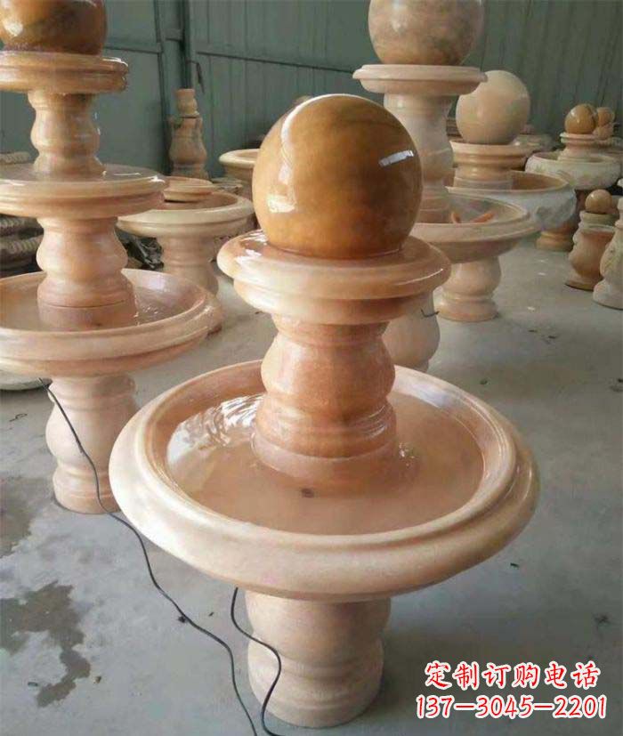 泰州晚霞红双层风水球别墅喷泉石雕