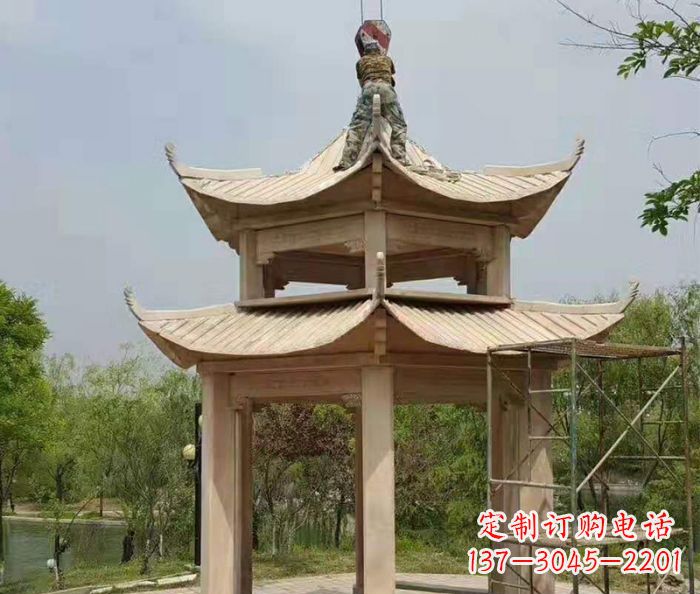 泰州晚霞红双层凉亭石雕 (2)