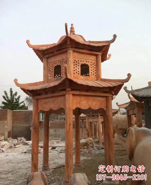 泰州晚霞红双层凉亭石雕