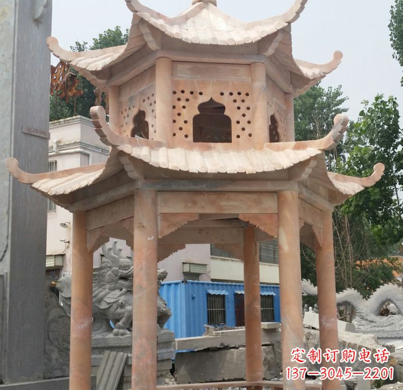 泰州晚霞红双层六角凉亭石雕 (2)